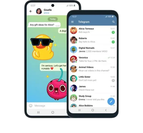 两部 Android 手机展示 Telegram 聊天列表和带鸭子贴纸的对话