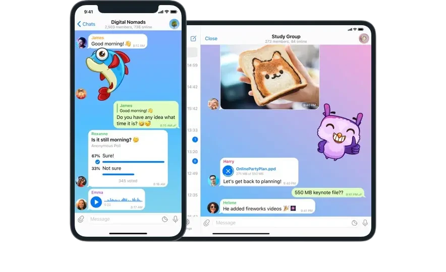 iPhone 与 iPad 展示 Telegram 群组对话、投票、语音消息与文件